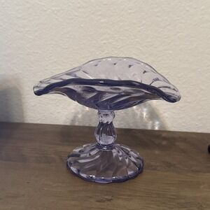 Vintage Fostoria Purple Glass Pedestal Dish Swirl Fluted Edge Compote